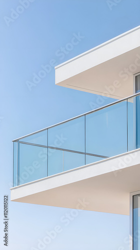 Close-up of a glass handrail reflecting light on a modern balcony