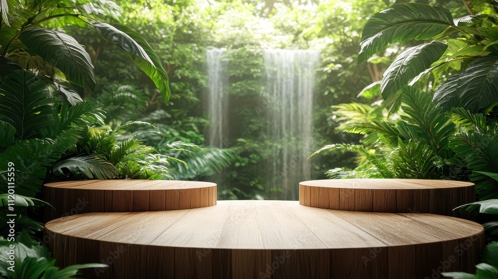 A serene jungle scene features wooden platforms surrounded by lush greenery and a gentle waterfall in the background, Ideal for wellness, nature themes, retreats, or eco-friendly promotions, A serene jungle scene features wooden platforms surrounded by lush greenery and a gentle waterfall in the background, Ideal for wellness, nature themes, retreats, or eco-friendly promotions,