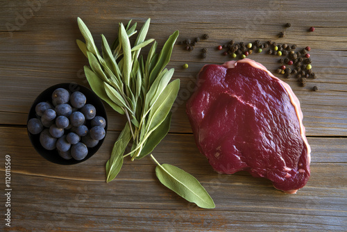 Raw venison steak with a dark red tone, paired with juniper berries and fresh sage, laid out on a rustic wood surface.
