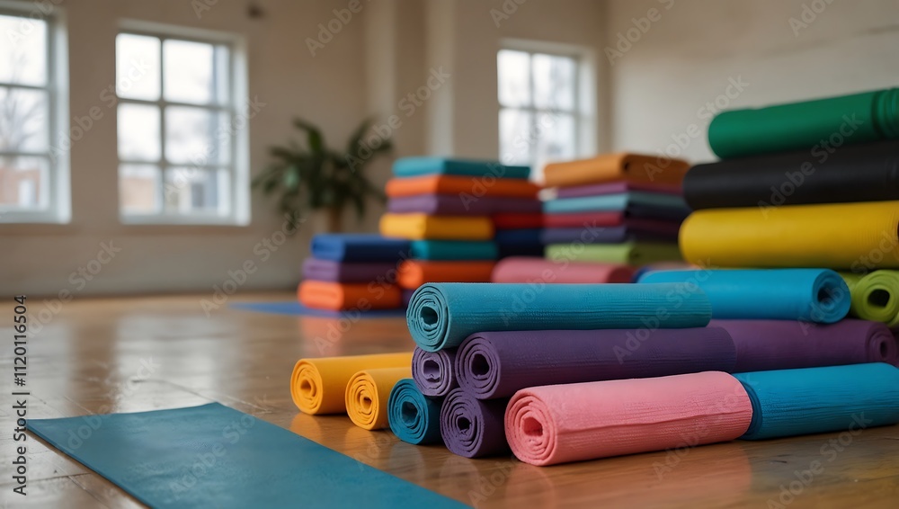 A yoga studio interior featuring vibrant rolled yoga mats stacked against a wall, with a blue mat laid out on the floor. A yoga studio interior featuring vibrant rolled yoga mats stacked against a wall, with a blue mat laid out on the floor.