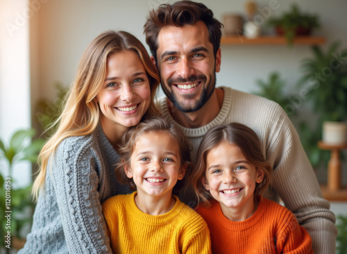 Familia multicultural abrazando a sus hijos en un ambiente hogareño