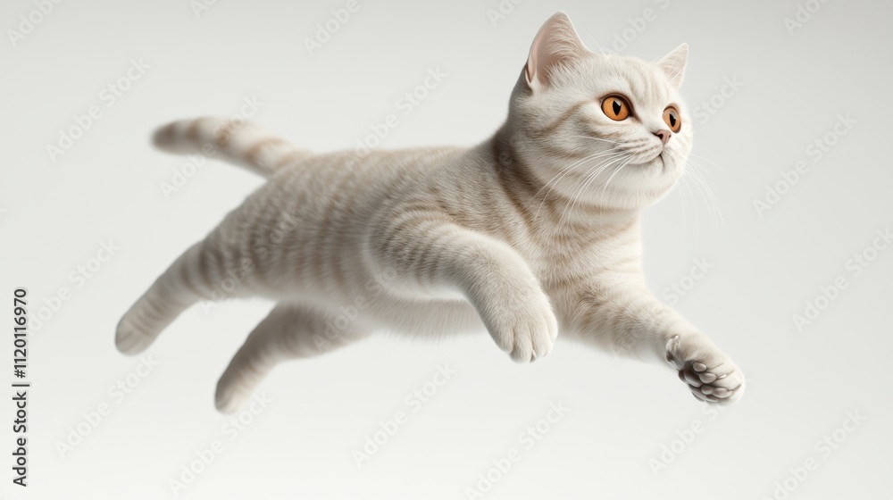 Obraz premium 3D illustration of an American Shorthair cat mid-leap, bright orange and silver tones on its fur, isolated against a white background