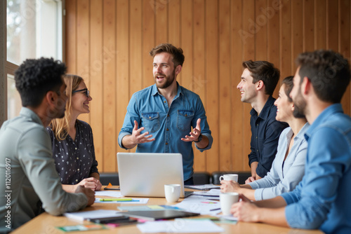 Equipo de trabajo colaborando en una reunión profesional en oficina moderna photo