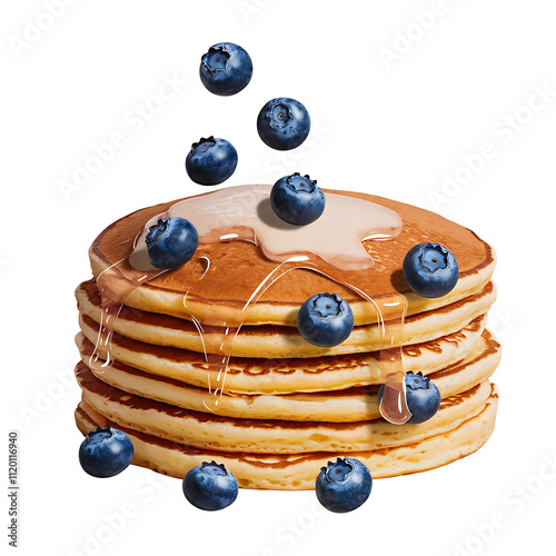 delicious fluffy goldenbrown pancake attempting to juggle tiny blueberries isolated on white background cutout png design asset funny conceptFabric Print