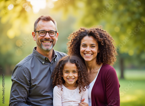 Familia sonriente disfrutando al aire libre en un parque soleado