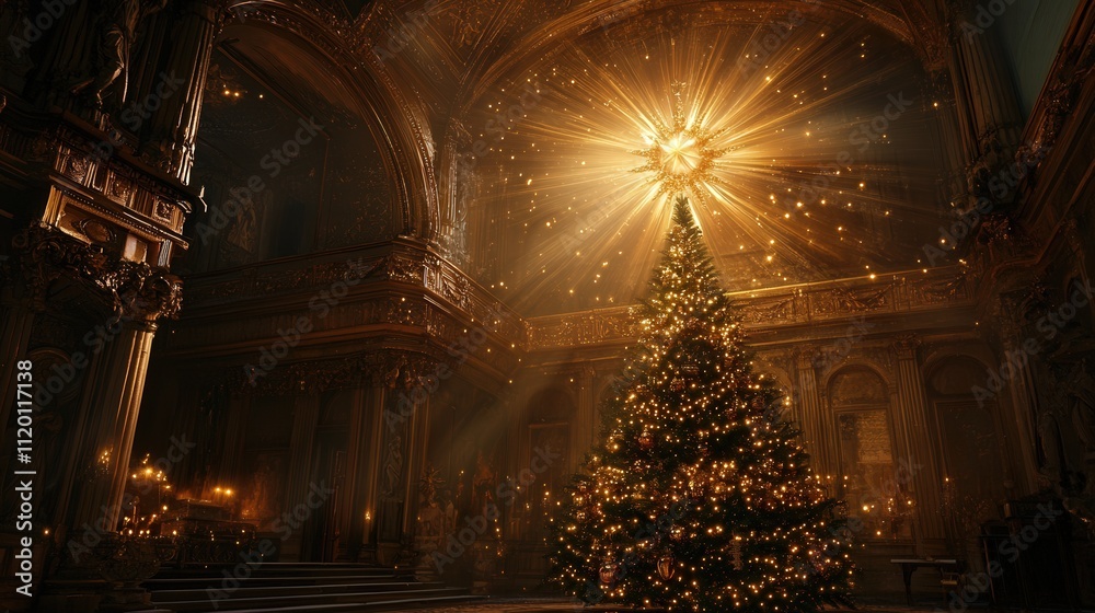 Obraz premium The golden star crowning the Christmas tree sparkles beautifully, adding a celestial touch to the festive decorations