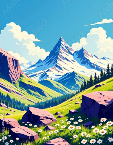 Minimalistic Alpine Meadow with Edelweiss and Rocks for Vaporwave Backgrounds