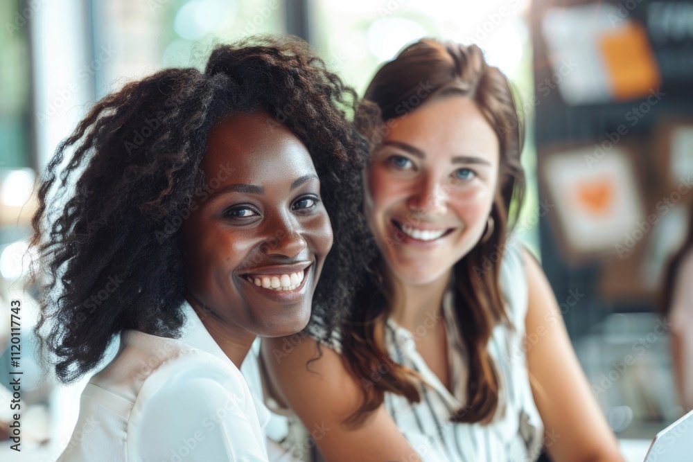 Happy multiethnic smiling business women working together in office Happy multiethnic smiling business women working together in office