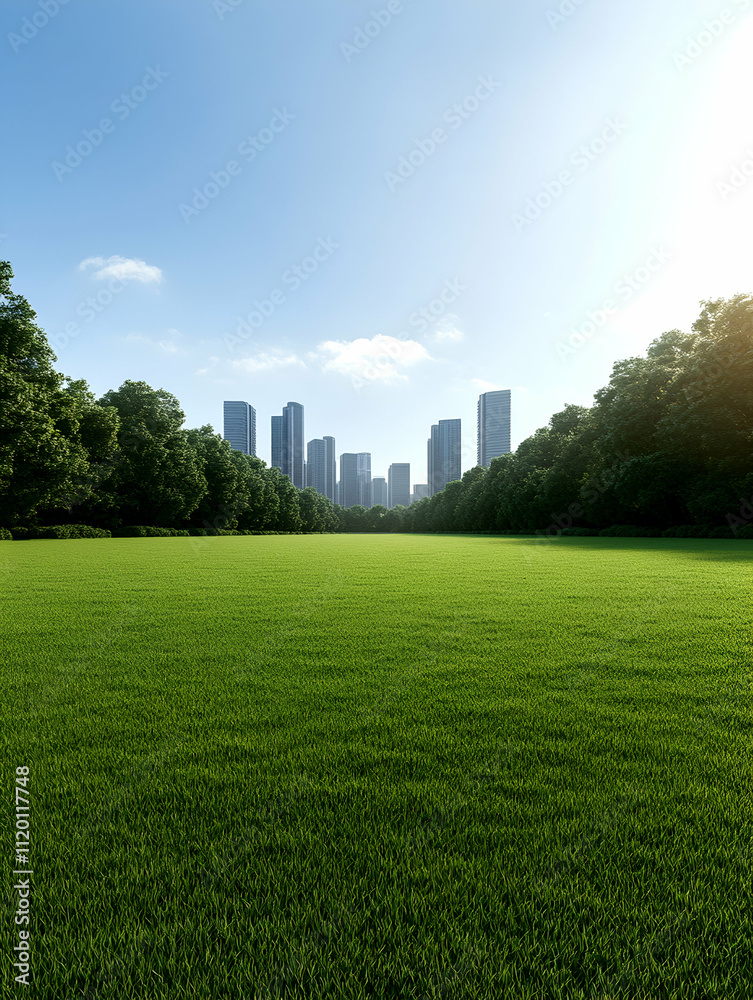 Urban skyline behind a lush green park. Urban skyline behind a lush green park.