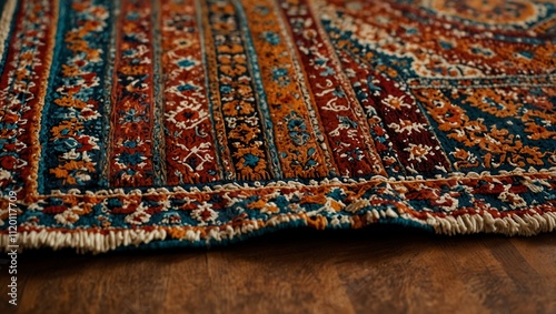 Close-up of a richly patterned traditional rug featuring vibrant reds, blues, and intricate floral designs against a wooden floor.