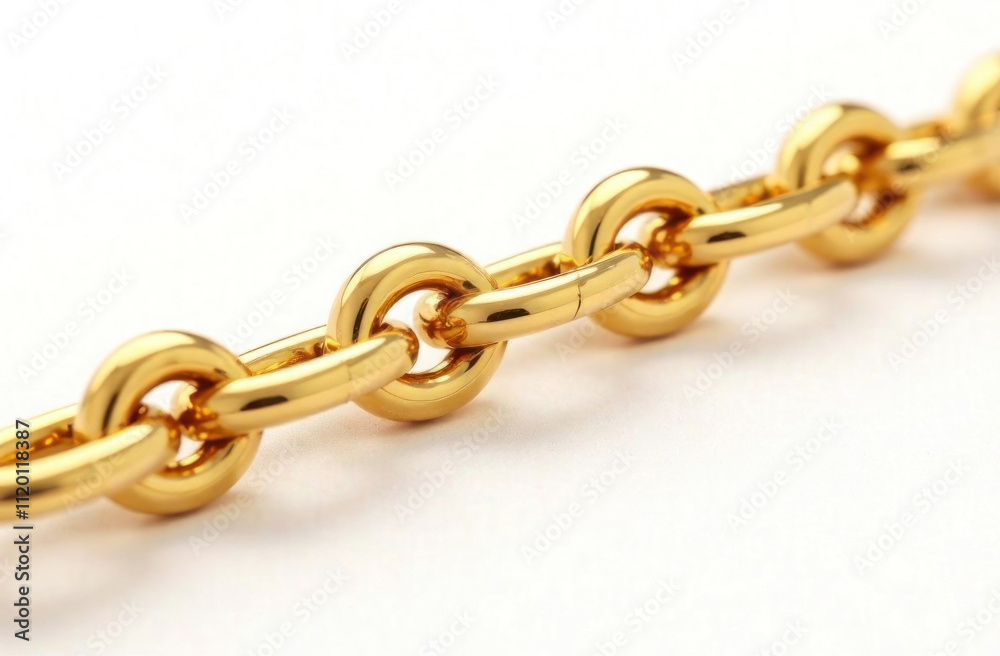 Fototapeta premium This golden metal chain showcases interconnected links, reflecting light on a smooth white surface