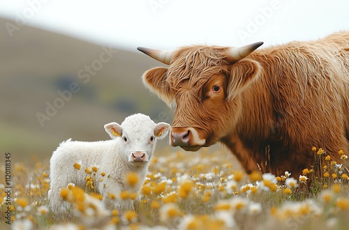 Highland cow and calf in wildflowers; mother and baby; idyllic rural scene. photo