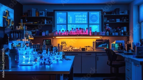 Modern, well-equipped laboratory at night with glowing blue and pink lighting, showcasing various scientific equipment and data displays.