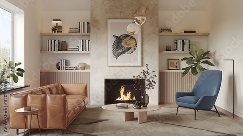 interior design mockup Beige leather sofa and blue fabric lounge chair in room with fireplace Minimalist home interior design of modern living room Earth Tones Burnt sienna olive green sandy brown wa