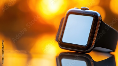 A modern black smartwatch with a blank screen sits on a reflective surface against a blurred sunset background.