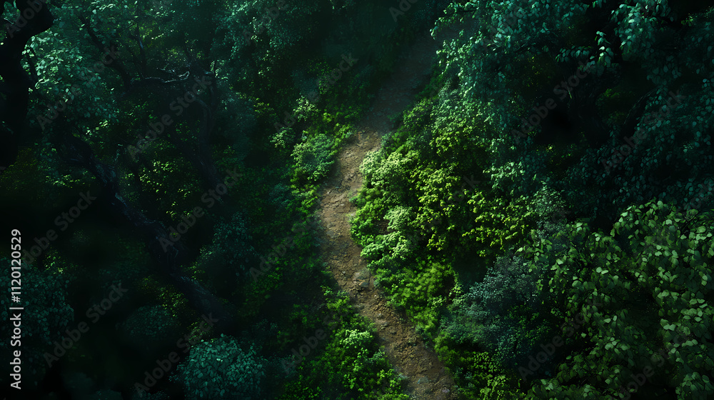 Beautiful trail in dense forest, aerial view from drone. generative ai. Edenic. Illustration Beautiful trail in dense forest, aerial view from drone. generative ai. Edenic. Illustration