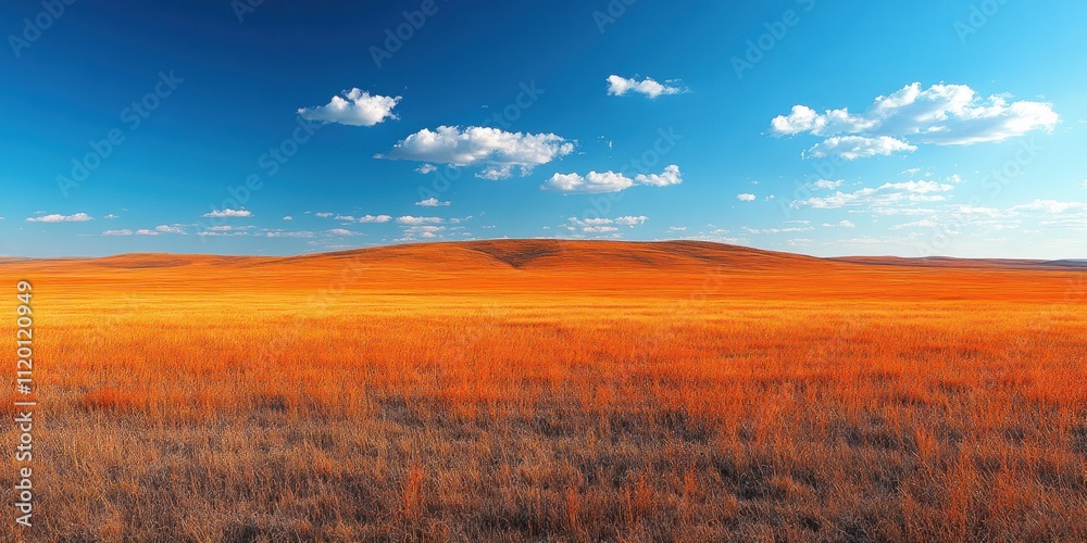 Golden Grass Field with a Distant Hill and Blue Sky Golden Grass Field with a Distant Hill and Blue Sky