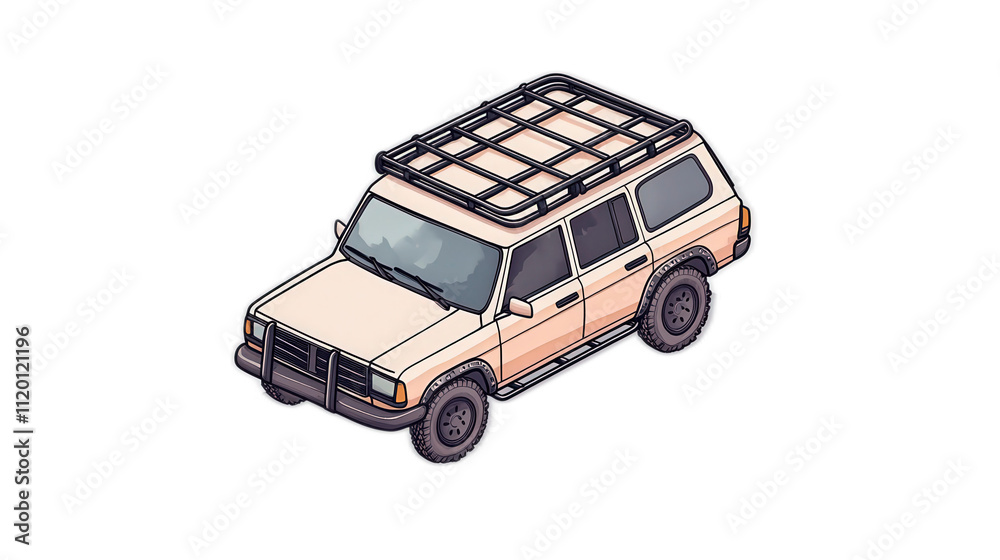 Vintage SUV with Roof Rack in Soft Color Palette and Cartoon Style