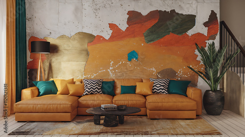 interior design mockup Blank mock up grunge distressed cracked stucco plaster wall background with copy space Minimalist interior design of modern living room template Moroccan Sunset Deep orange tur photo