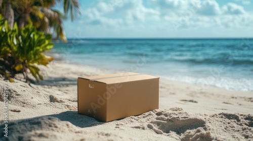 Cardboard Box Rests on Tropical Beach Sand