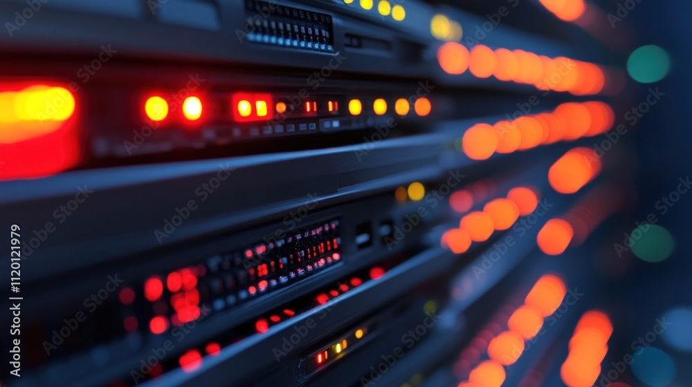 Illuminated server rack with glowing lights in a data center. Illuminated server rack with glowing lights in a data center.