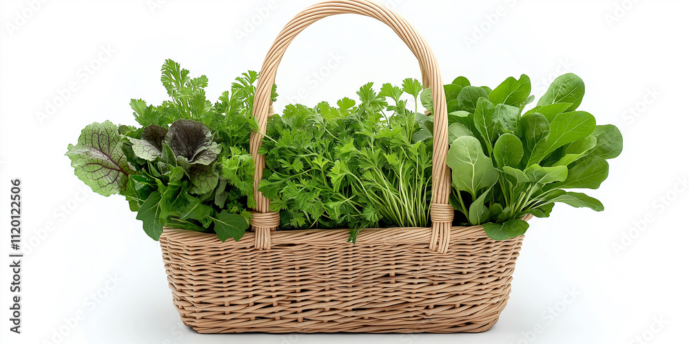 Basket of mixed fresh greens, isolated on pure white background Basket of mixed fresh greens, isolated on pure white background