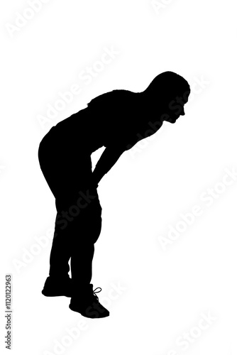 side view of a silhouette woman crouching and looking away on white background
