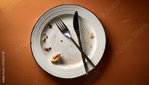 Empty plate with leftover crumbs and food scraps, with used dishes, on a white table theme poverty and for a good meal