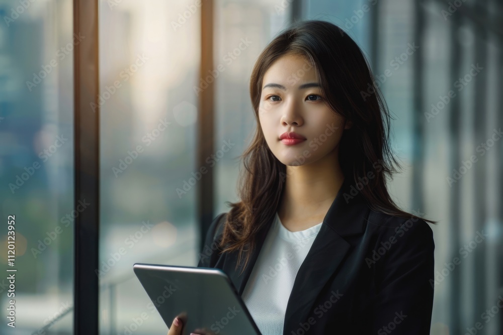 Young Asian business woman entrepreneur using digital tablet in office.