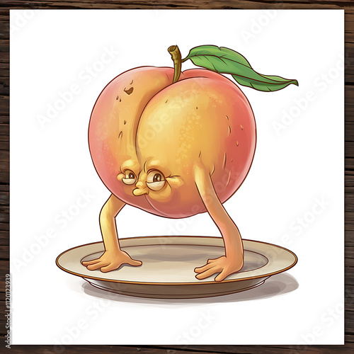 single perfectly formed peach attemptinghandstand onplate juicy peachy feat isolated on white background cutout png design asset funny conceptCharacter Design photo