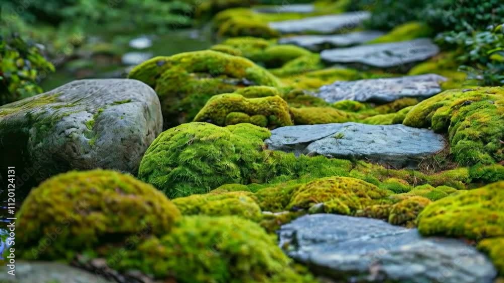 A serene pathway of moss-covered stones leading through a lush, tranquil environment. A serene pathway of moss-covered stones leading through a lush, tranquil environment.