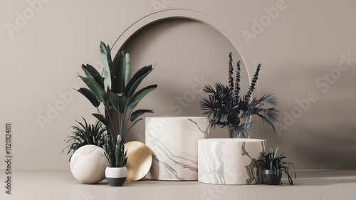interior design mockup 3D rendering of a podium with plants in a beige and gray color scheme with a minimalist style Marble Luxe Soft white silver gold charcoal Screen Printing
