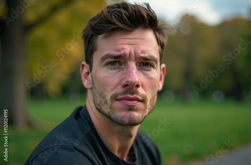 Attractive young man standing in summer park, close-up portrait. AI Generative