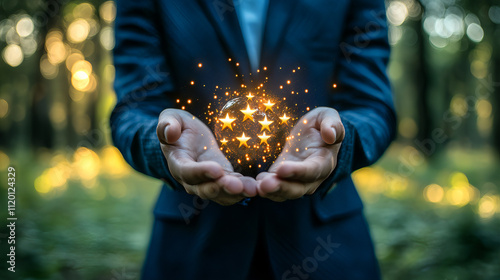 Customer Feedback and Ratings Concept: Businessman Holding Bright Golden Stars in a Magical Display of Quality, Trust, and Service Excellence photo