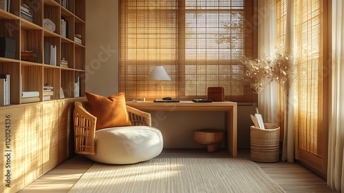 Brown round sofa and bookshelf in apartment. Modern and elegant living room interior design. Created with AI generative