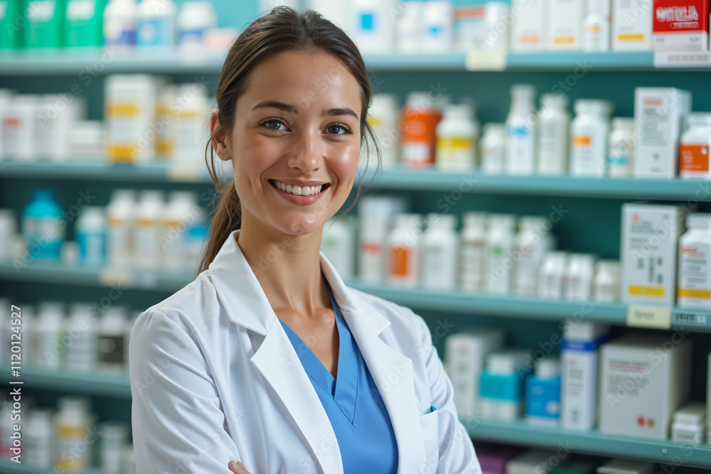 A smiling pharmacist in a white lab coat stands in front of shelves stocked with various medications and pharmaceutical products. A smiling pharmacist in a white lab coat stands in front of shelves stocked with various medications and pharmaceutical products.
