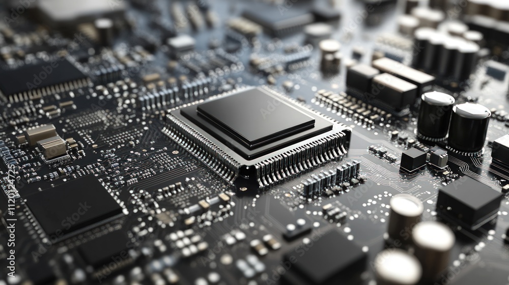 Close-up of a central processing unit on a circuit board. Close-up of a central processing unit on a circuit board.