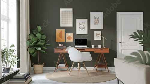 interior design mockup Workplace with white chair at wooden drawer writing desk against of window near dark grey wall Interior design of modern scandinavian home office Created with generative AI Ear photo