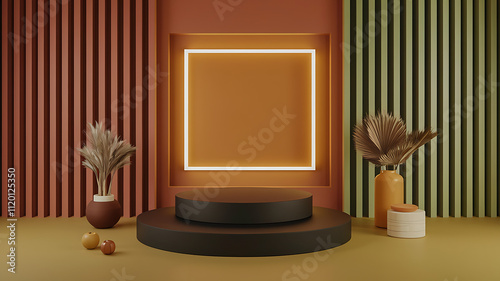 interior design mockup 3D rendering of a black podium with a glowing white square frame in the background Harvest Time Mustard yellow rust orange deep brown olive green Cubism photo