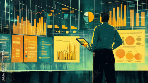 illustration of man monitoring chart on screen
