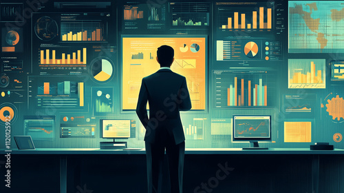 illustration of man monitoring chart on screen