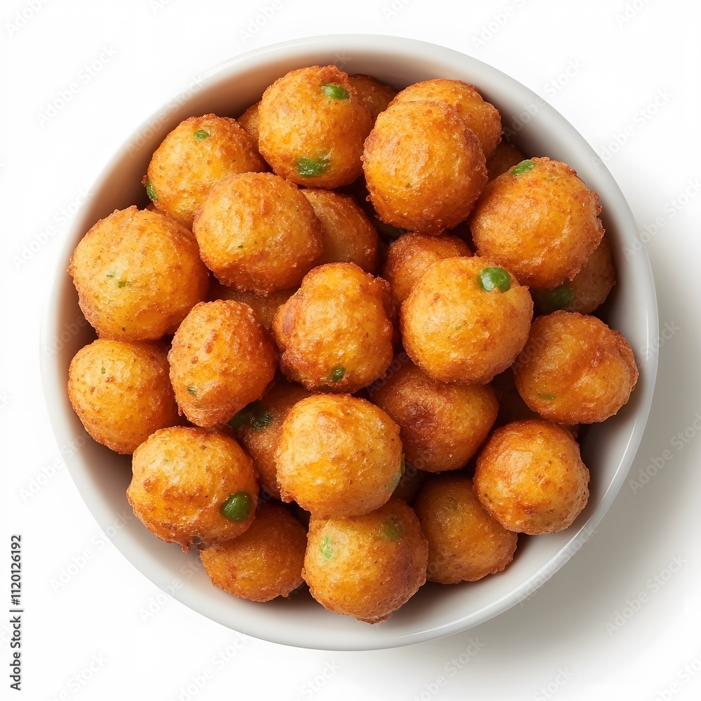 Bowl of golden-brown potato balls with peas. Bowl of golden-brown potato balls with peas.