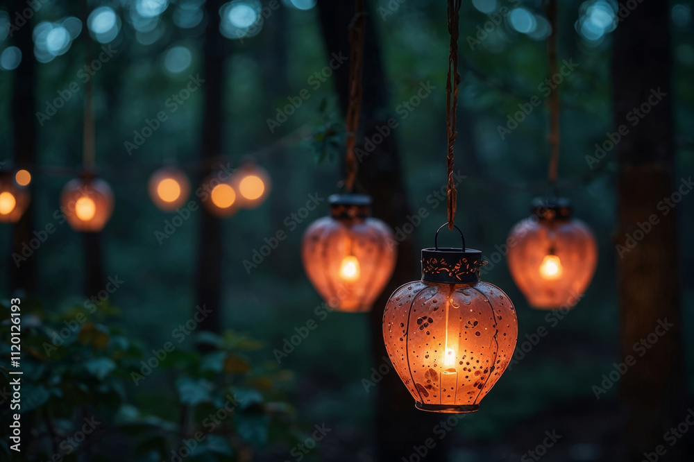 Obraz premium Floating heart-shaped glass lanterns with warm glowing lights