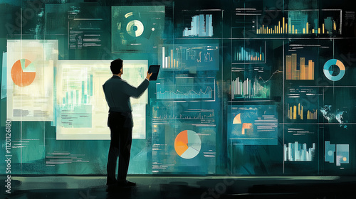 illustration of man monitoring chart on screen