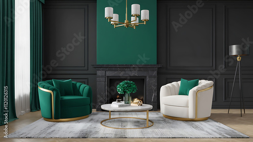 interior design mockup Farmhose interior design of modern living room with two armchairs Emerald and White Emerald green white gold dark gray Renaissance Style photo