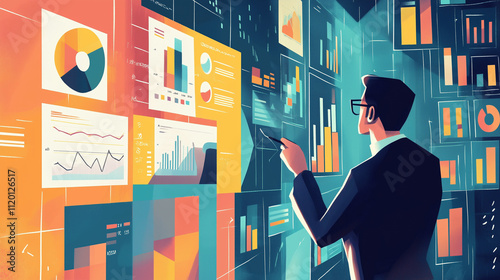 illustration of man monitoring chart on screen