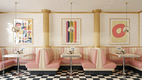 interior design mockup Retro Diner with a Twist Jewel tones vintage diner furniture abstract art a unique and fun space Neutral Blush Pale pink warm beige taupe cream Realism