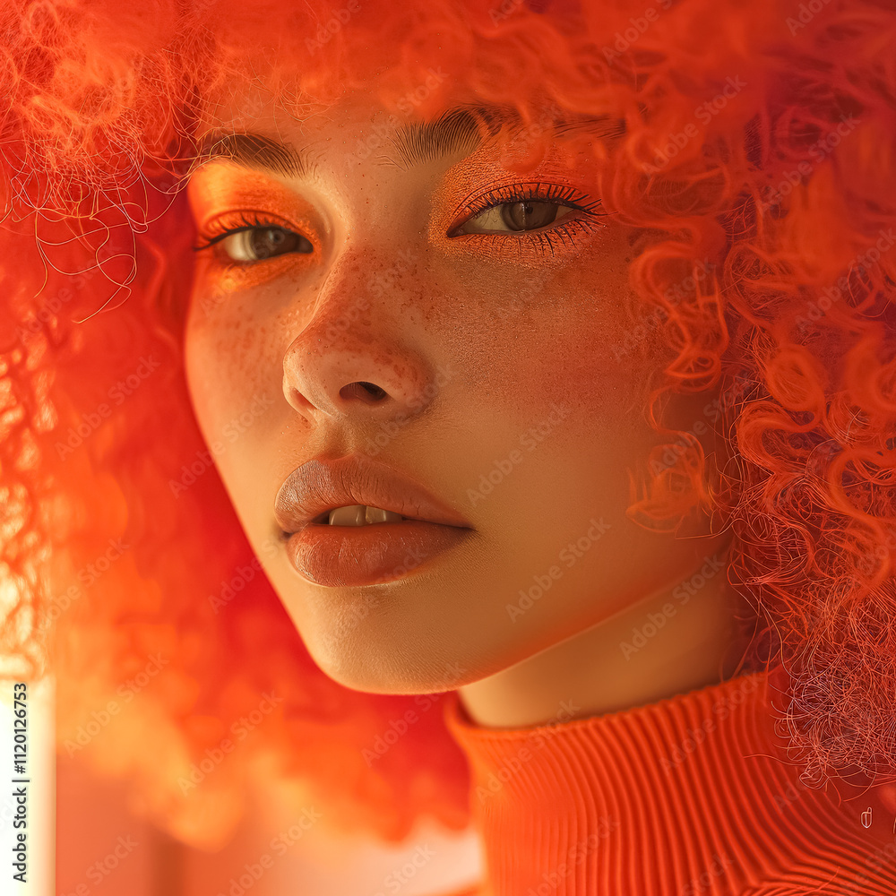Woman with red hair and orange hair dye is wearing a red sweater Woman with red hair and orange hair dye is wearing a red sweater