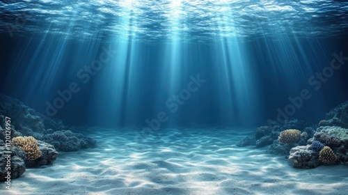 Sunlight beams through clear blue water illuminating a sandy ocean floor with coral reefs.