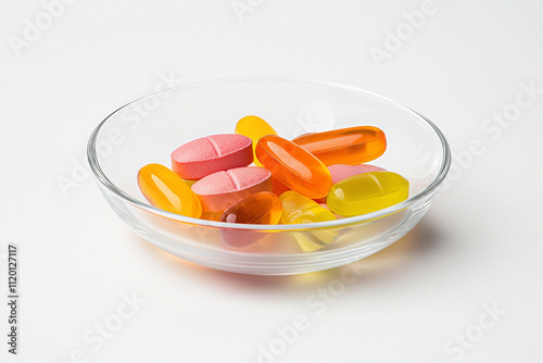 Colorful vitamin gummies in glass bowl, showcasing various shapes and vibrant hues. These delightful supplements are perfect for adding fun twist to daily nutrition photo